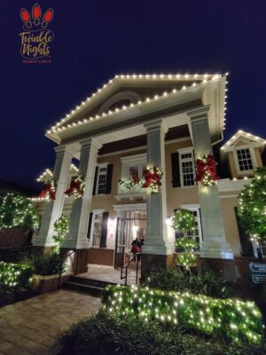 epic christmas light display commercial wreaths, garlands, bows, holiday lights on bushes